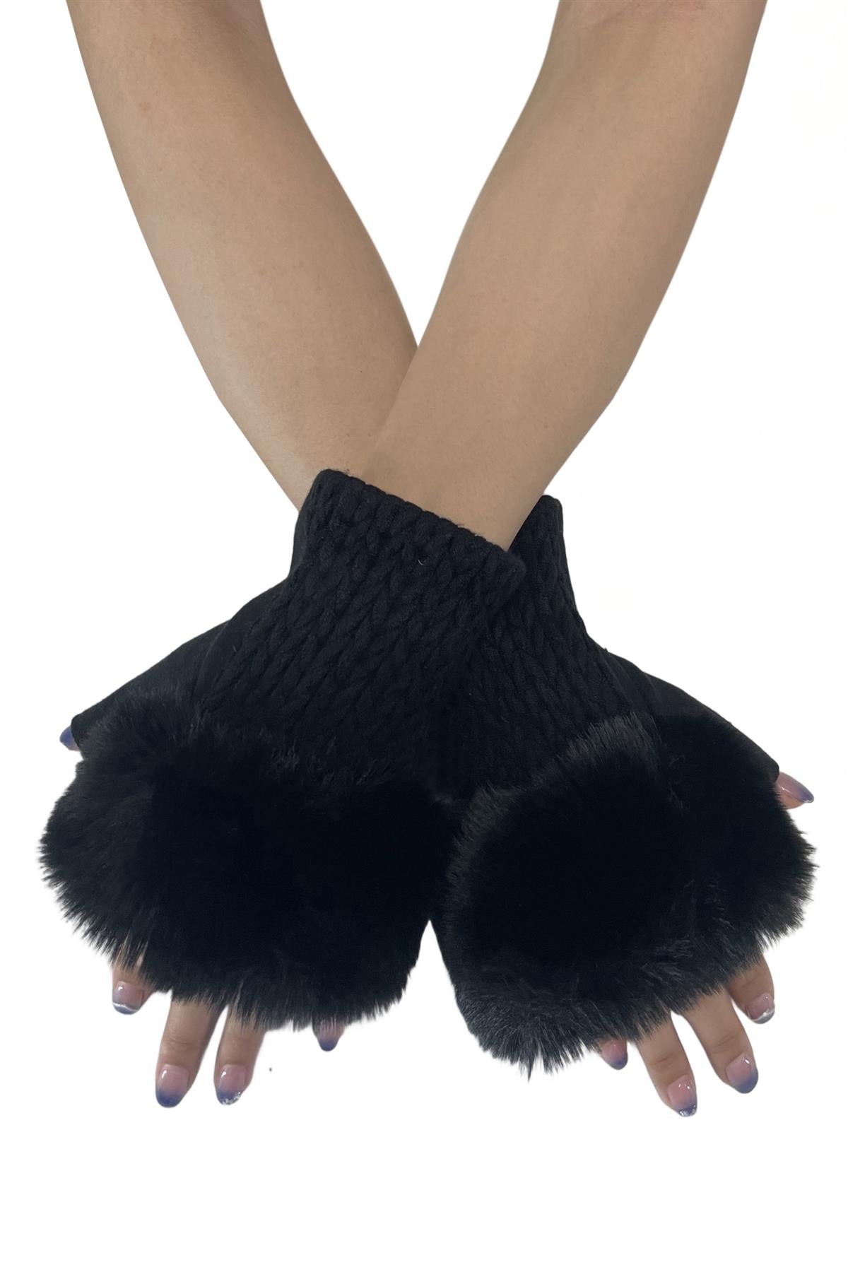 Plain Knit Faux Fur Fingerless Gloves