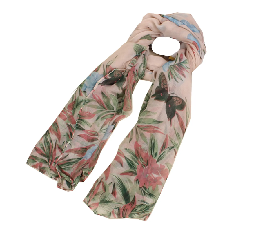 Butterfly & Floral Scarf - Peach - Grey - Aqua