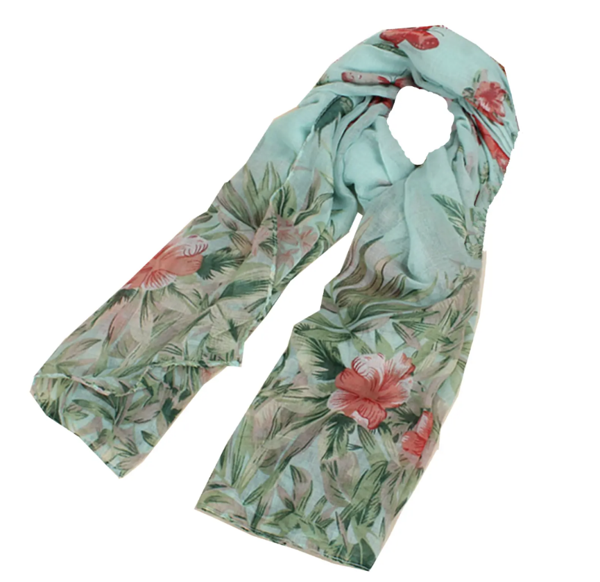 Butterfly & Floral Scarf - Peach - Grey - Aqua