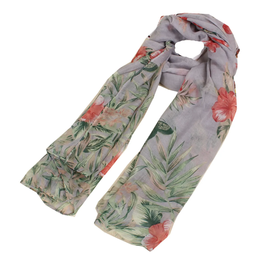 Butterfly & Floral Scarf - Peach - Grey - Aqua