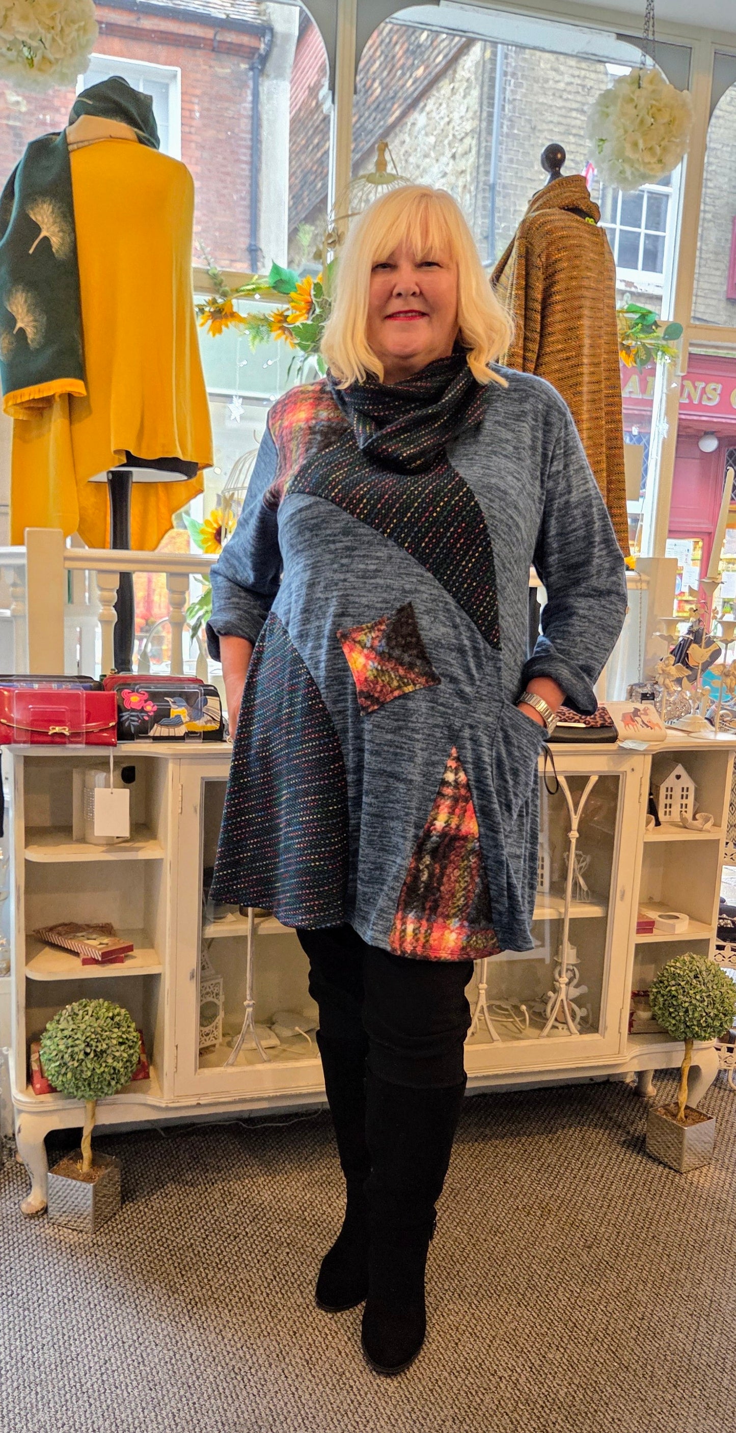 Patch Lagenlook Tunic with Cowl Neck Scarf