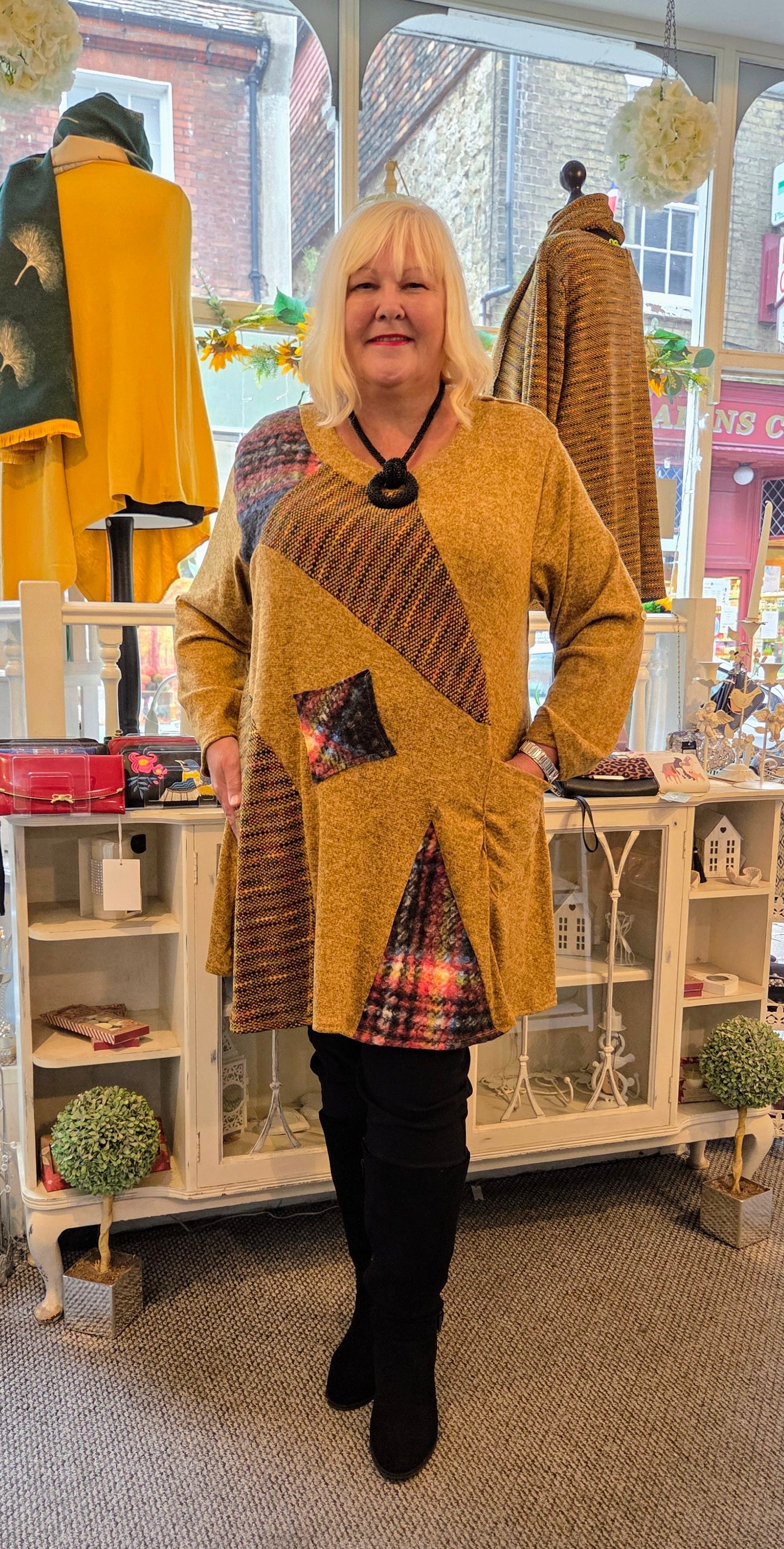 Patch Lagenlook Tunic with Cowl Neck Scarf