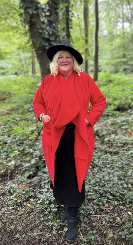 Red Lagenlook Boucle Coat with Cowl Scarf