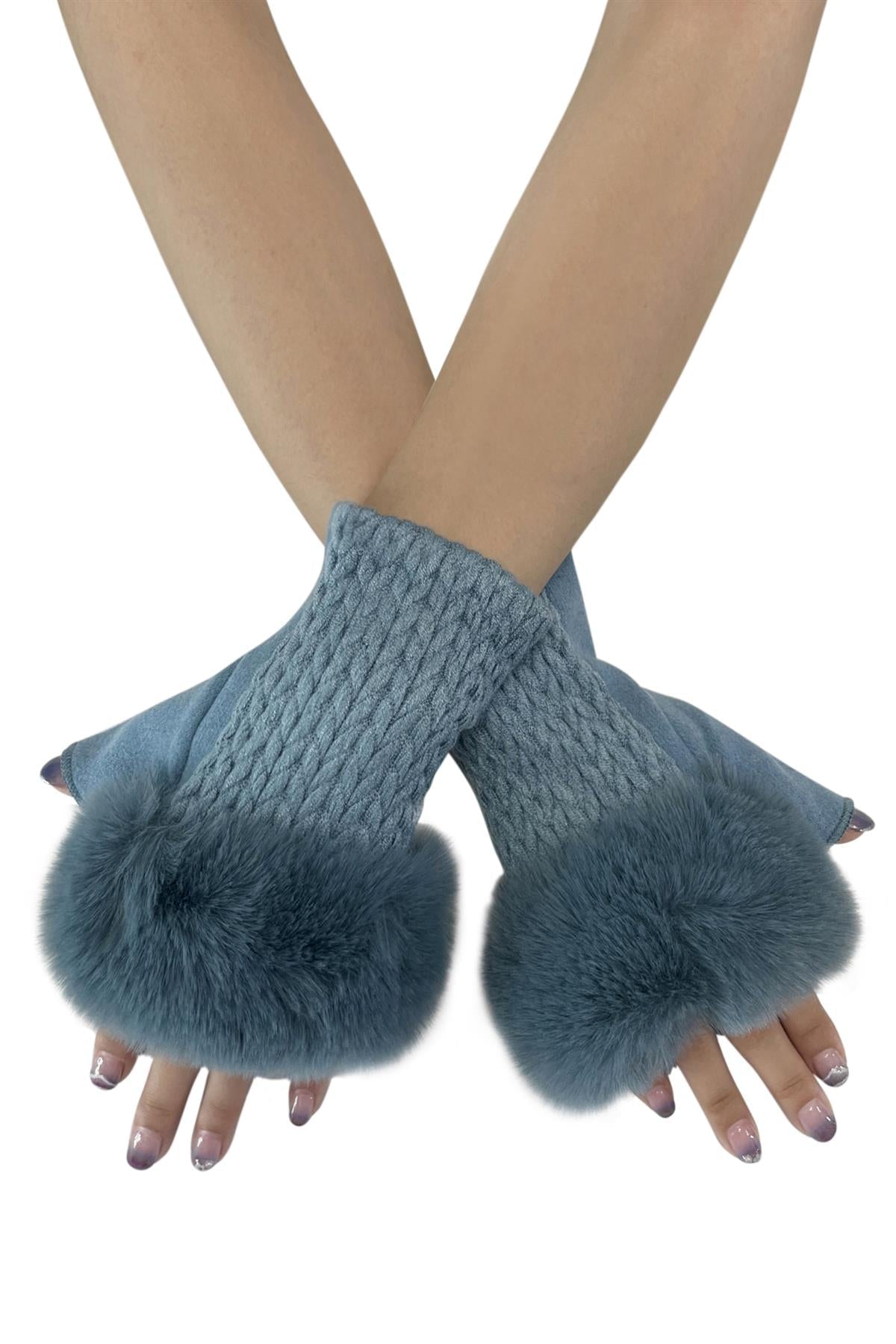 Plain Knit Faux Fur Fingerless Gloves