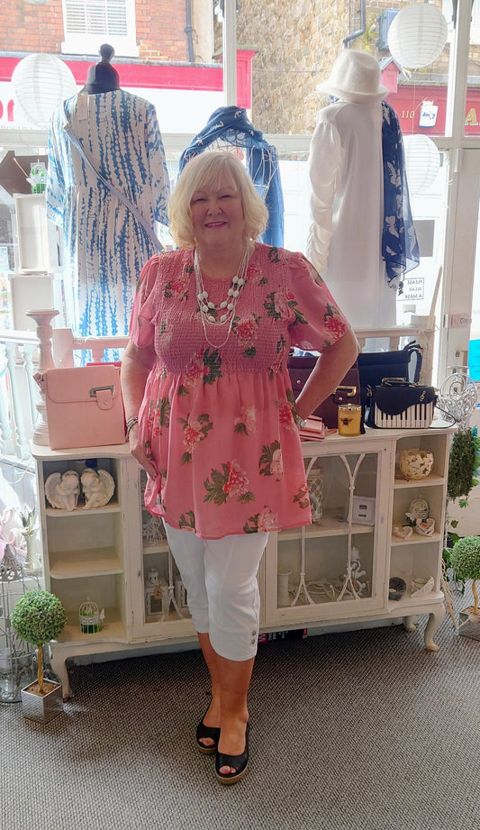 Pink Floral Shirred Tunic - Sizes 16-24
