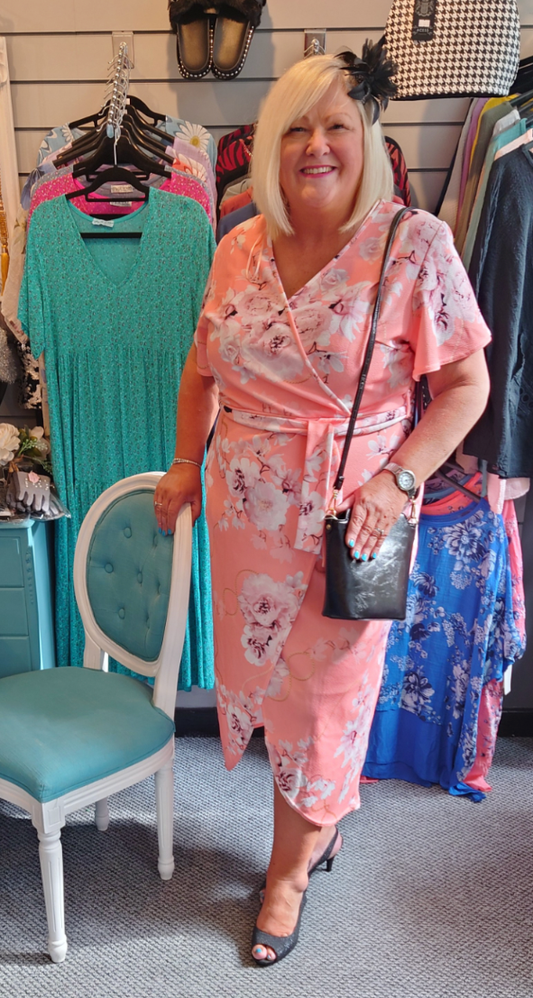 SALE - Peach Floral Wrap Style Midi Dress - Size 18, 24, 26